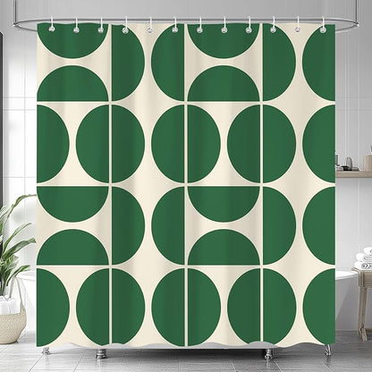 Green Mid Century Modern Shower Curtain, Boho Abstract Geometric Retro Art Bath Curtains for Bathroom, Colorful Unique Pattern Waterproof Polyester Fabric Bathroom Set 12 Hooks 60X72IN