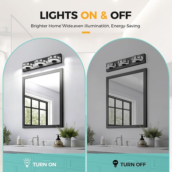 LED Modern Bathroom Vanity Light Fixtures (3-Light, 24W, 21.6-Inch), Matte Black Modern Crystal Bathroom Wall Lighting Fixtures Over Mirror (Cool White 5500K) for Apartment, Hotel