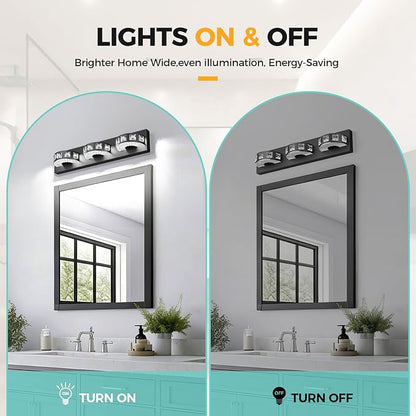 LED Modern Bathroom Vanity Light Fixtures (3-Light, 24W, 21.6-Inch), Matte Black Modern Crystal Bathroom Wall Lighting Fixtures Over Mirror (Cool White 5500K) for Apartment, Hotel