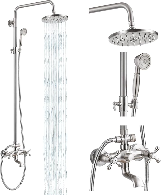 gotonovo Exposed Shower Faucet Set 8 Inch Rainfall Showerhead 3-Function Shower Fixture with Tub Spout 2 Corss Handles Shower System, Brushed Nickel