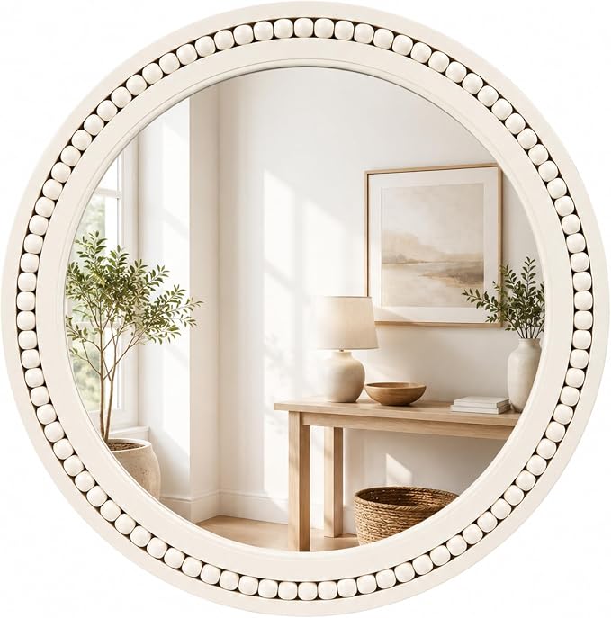 Saliwa 24 Inch Round Bathroom Mirror, White Wood Framed Wall Mirror, Rustic Farmhouse Round Mirror for Vanity, Entryway, Living Room, Bedroom and Hallway
