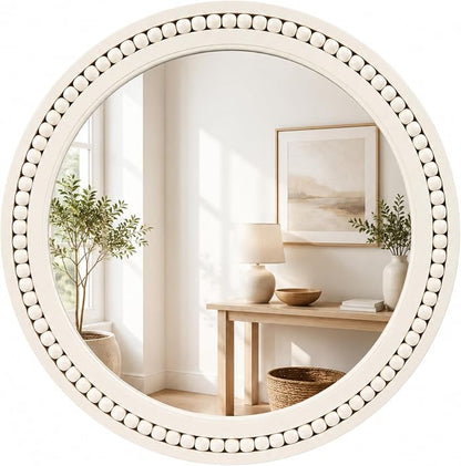 Saliwa 24 Inch Round Bathroom Mirror, White Wood Framed Wall Mirror, Rustic Farmhouse Round Mirror for Vanity, Entryway, Living Room, Bedroom and Hallway