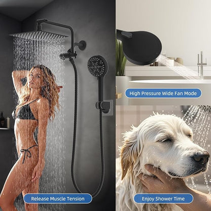 10" Metal Rainfall Shower Head with 10-Mode Handheld, Matte Black | NSF/ANSI/CAN 372 Certified, High Pressure Showerhead Combo with 11" Adjustable Shower Arm, 71" Hose, Shower Head Holder