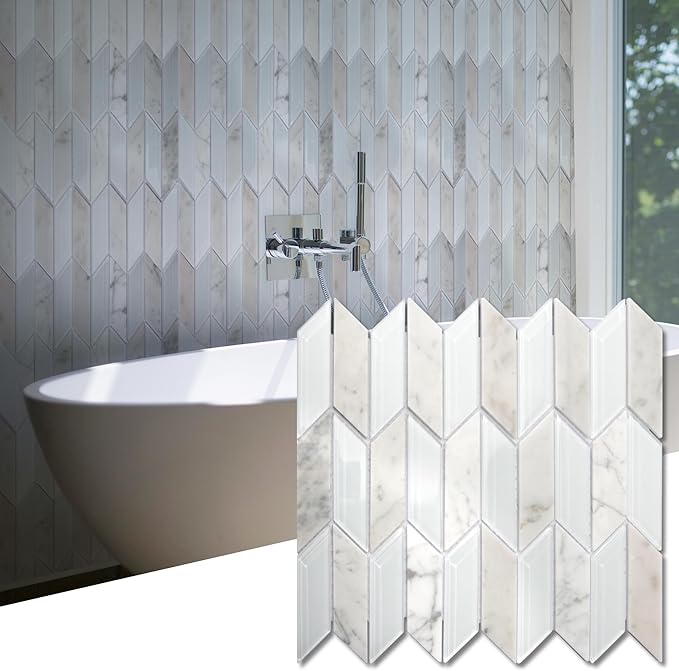 Art3d 11x12 inch White Marble Glass Mosaic Tile, Mesh-Mounted (4 sq.ft/Box) for Kitchen Backsplash, Bathroom, Shower Wall, 5 Pieces