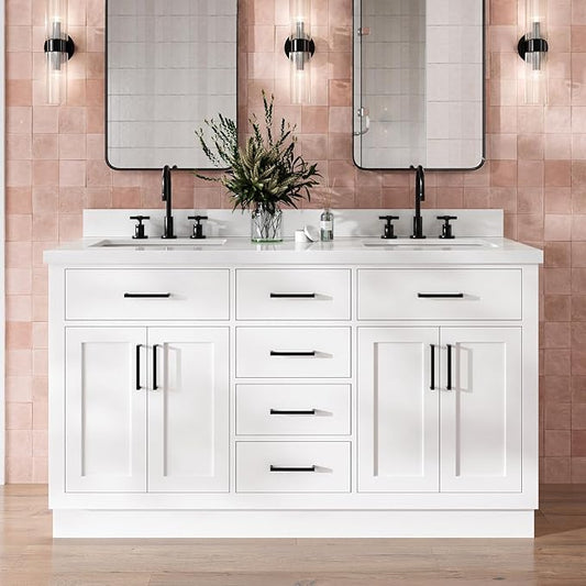 DKB Isabella 60" White Double Bathroom Vanity with Sink, 1.5" Edge Pure White Quartz Countertop, Rectangular Sinks, 4 Soft Closing Doors, 4 Full Extension Dovetail Drawers