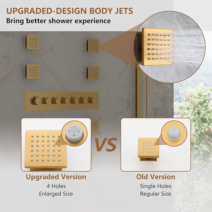CASAINC Thermostatic Shower System 35x16 Inch Luxury 6 Functions Shower Jets System, Multifunctional Full Body Shower System with Sliding Rod 2 in 1 Handheld, LED & Music (Brushed Gold)