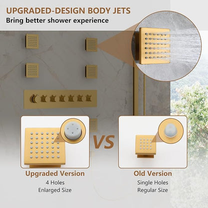 CASAINC Thermostatic Shower System 35x16 Inch Luxury 6 Functions Shower Jets System, Multifunctional Full Body Shower System with Sliding Rod 2 in 1 Handheld, LED & Music (Brushed Gold)