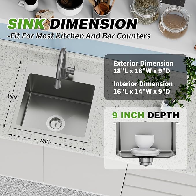 18x18 In Drop In Kitchen And Bar Sink- Stainless Steel Drop In Kitchen Sink Modern Single Bowl Topmount Bar Sink With Silicon Mat,Drain Strainer Set Compatibility With Various Kitchen & Bar Style