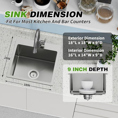 18x18 In Drop In Kitchen And Bar Sink- Stainless Steel Drop In Kitchen Sink Modern Single Bowl Topmount Bar Sink With Silicon Mat,Drain Strainer Set Compatibility With Various Kitchen & Bar Style
