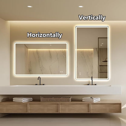 Niccy Rectangle LED Bathroom Mirrors, Vanity Mirror with Lights, 30"x48" | Frameless Lighted Mirror for Bedroom Living Room, 3 Colors & Stepless Dimmable Anti-Fog Memory Function, Horizontal/Vertical