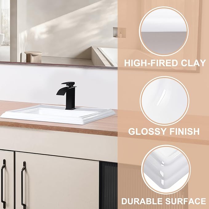 23" Drop-in Bathroom Sink With Single Hole White Ceramic Rectangular Vanity Basin Modern Self-Rimming Design for Master Bath, Powder Room and Guest Bathroom