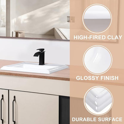 23" Drop-in Bathroom Sink With Single Hole White Ceramic Rectangular Vanity Basin Modern Self-Rimming Design for Master Bath, Powder Room and Guest Bathroom