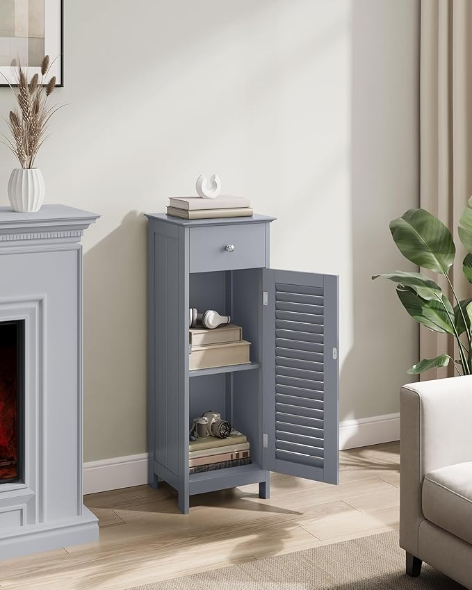 VASAGLE Storage Cabinet, Small Slim Floor Cabinet with Drawer and Shutter Door, for Living Room, Bathroom, 11.8 x 12.6 x 34.3 Inches, Dove Gray UBBC043G02