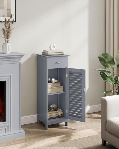 VASAGLE Storage Cabinet, Small Slim Floor Cabinet with Drawer and Shutter Door, for Living Room, Bathroom, 11.8 x 12.6 x 34.3 Inches, Dove Gray UBBC043G02