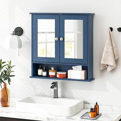 Tangkula Bathroom Medicine Cabinet with Mirror, Wall Mounted Wooden Hanging Organizer with Doors and Shelves, Bathroom Wall Mirror Cabinet (Mirror Doors, Blue)