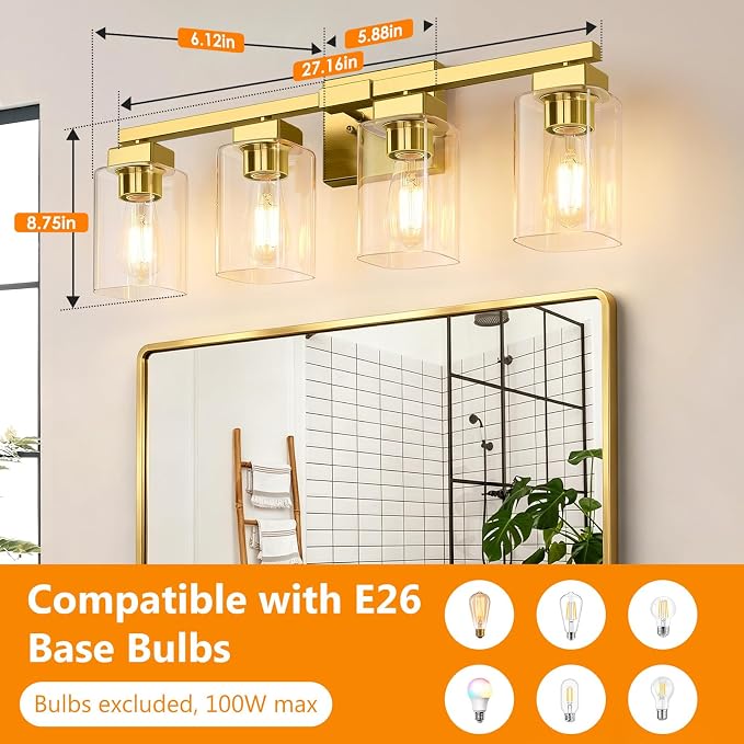 27” Bathroom Light Fixtures Over Mirror, 4-Light Gold Vanity Light | Square Clear Glass & Durable Metal, Quick & Easy Installation, Standard E26 Socket, Bright Bathroom Lighting