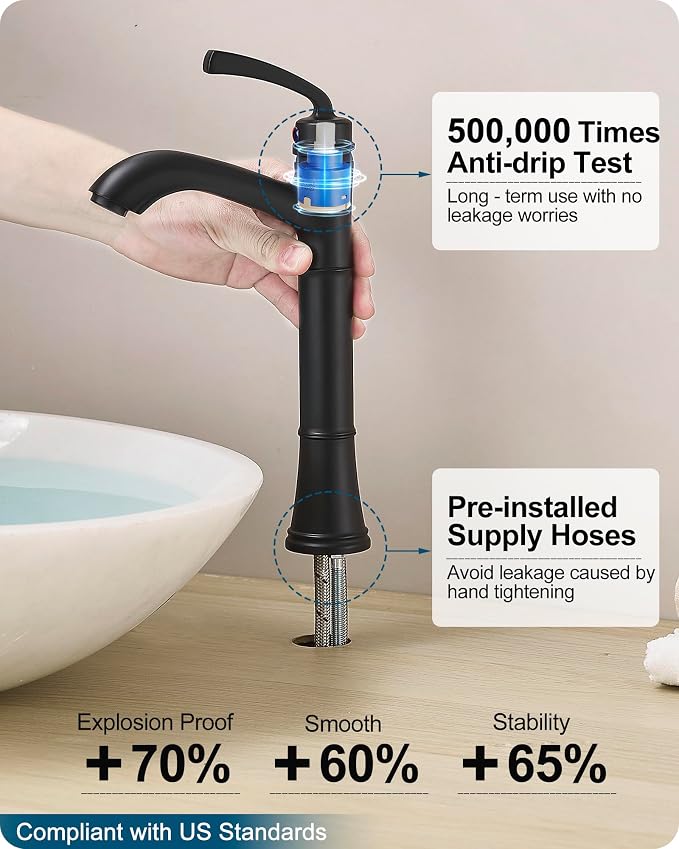 Brass Vessel Sink Faucet Black Single Handle, Tall Bathroom Faucets for Vessel Sinks 1 Hole with Pop-Up Drain, Pre-Installed Hoses, Removable Aerator
