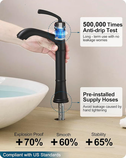 Brass Vessel Sink Faucet Black Single Handle, Tall Bathroom Faucets for Vessel Sinks 1 Hole with Pop-Up Drain, Pre-Installed Hoses, Removable Aerator