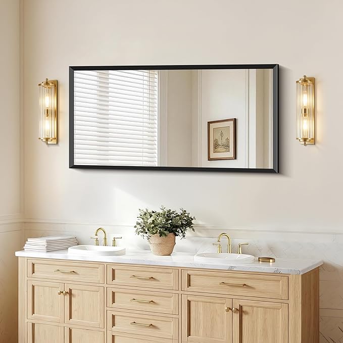 Black Bathroom Mirror 60 x 30 Inch Rectangle Wave Beveled Frame for Wall Bathroom Vanity Mirror for Over Sink, Tempered Glass,for Entryway Hangs, Bathroom Living Room Horizontal or Vertical