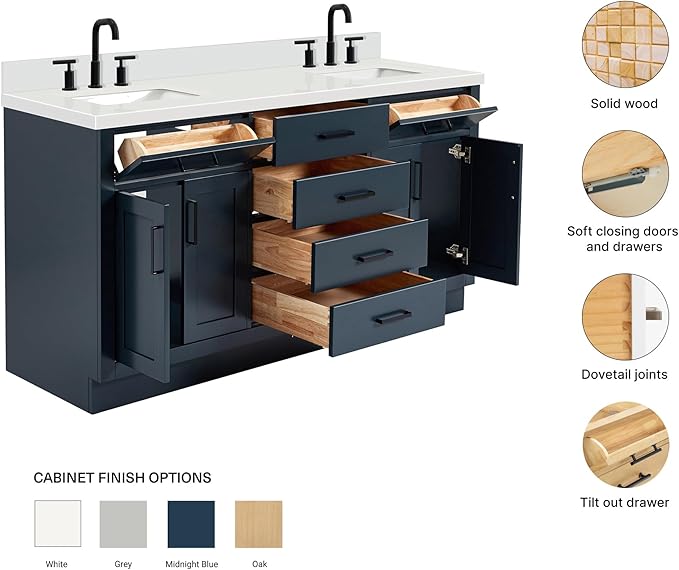 ARIEL Hepburn 66-inch Bathroom Vanity with Sink,Solid Wood, 1.5-inch Pure White Quartz Countertop, Double Rectangular Porcelain Sink, 4 Soft Closing Doors, 6 Dovetail Drawers, Midnight Blue
