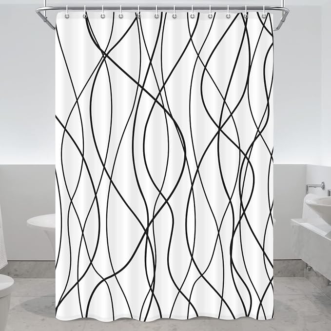 Striped Shower Curtain for Bathroom, White Black, 72" W x 96" L | with Hooks, Modern Hotel Style, Water Repellent, Washable, Weighted Hem