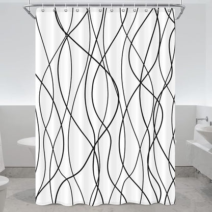 Striped Shower Curtain for Bathroom, White Black, 72" W x 96" L | with Hooks, Modern Hotel Style, Water Repellent, Washable, Weighted Hem