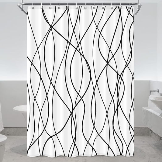 Striped Shower Curtain for Bathroom, White Black, 72" W x 96" L | with Hooks, Modern Hotel Style, Water Repellent, Washable, Weighted Hem