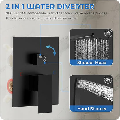 Black Shower Faucet Set, 10 inch Rain Shower System with Pressure Balance Valve, Wall Mounted 2-Functions Bathroom Shower Systems with Rain Shower and Handheld Spray Shower Trim Included