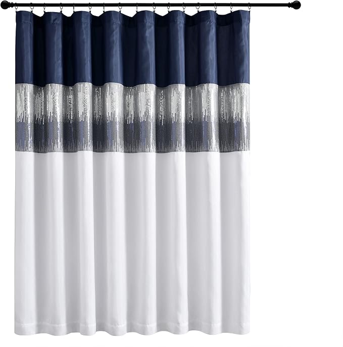 Lush Decor Night Sky Window Curtain Panel, Single 100"W x 84"L Navy & White - Sequin Backdrop Curtain - Extra Wide Curtains - Sliding Door Curtain