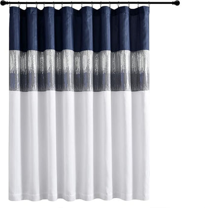 Lush Decor Night Sky Window Curtain Panel, Single 100"W x 84"L Navy & White - Sequin Backdrop Curtain - Extra Wide Curtains - Sliding Door Curtain