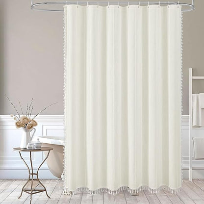 Boho Farmhouse Tassel Linen Shower Curtain,3D Embroidery Stripe Ivory,72x78 | Long Tall,310GSM Striped Texture Heavy Duty Cloth,Water Repellent,,Vintage Farmhouse Rustic,Wrinkle Resistant,12 Hooks
