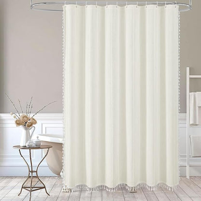Boho Farmhouse Tassel Linen Shower Curtain,3D Embroidery Stripe Ivory,36x72 | Small Stall Half Size,310GSM Linen Texture Heavy Duty Cloth,Water Repellent,Wrinkle Resistant,Vintage Farmhouse Rustic