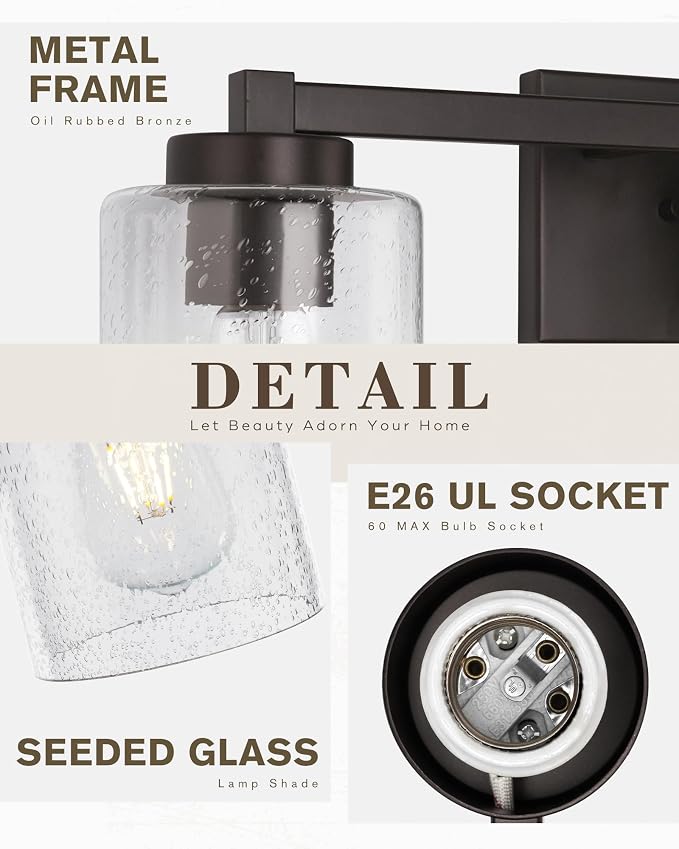 Beionxii 25In Farmhouse Bathroom Light Fixtures,Rustic Vanity Light Fixture | 3-Light Bathroom Vanity Light Fixture, Seeded Glass Shade, Oil Rubbed Bronze Over Mirror for Bathroom Living Room, BXMB9002-3