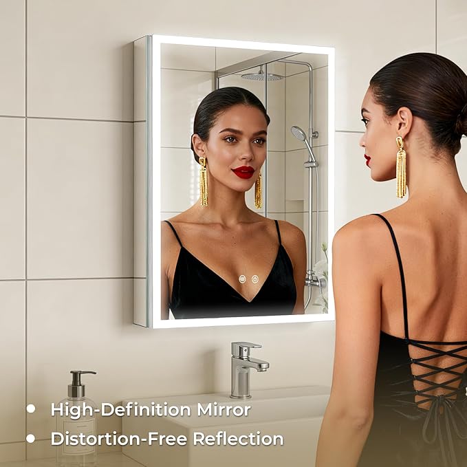 WallBeyond 20 x 28 LED Bathroom Medicine Cabinet, Square Lighted Mirror Cabinet with 3-Color Dimmable Lighting, Memory Function & Anti-Fog, Recessed or Surface Mount Installation