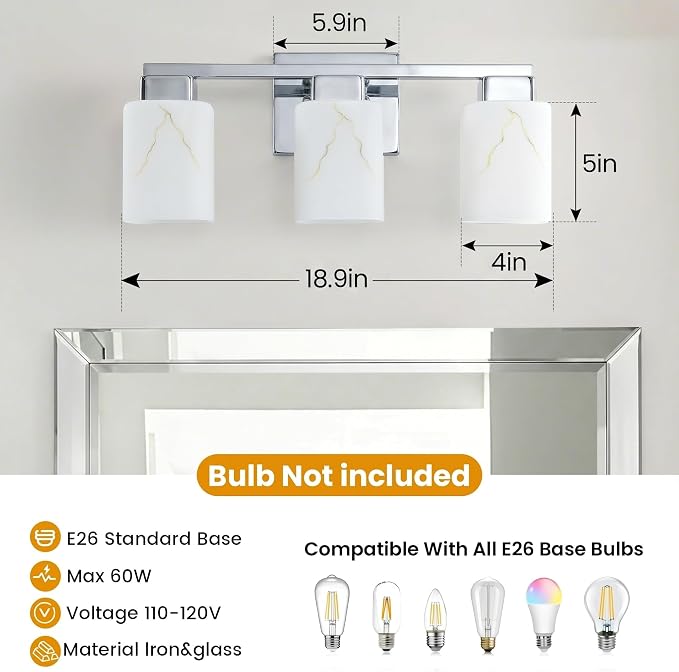 3-Light Square Bathroom Light Fixture, Chrome Modern Vanity Light with White Marble Glass Shade, for Bathroom Mirror, Living Room, Bedroom, Hallway, E26 Base