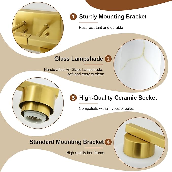 5-Light Bathroom Light Fixtures, Modern Vanity Lights, Gold Metal Wall Lamp with White Marble Glass for Bathroom, Mirror, Living Room, Bedroom, Cabinet, Porch, Hallway, E26 Base
