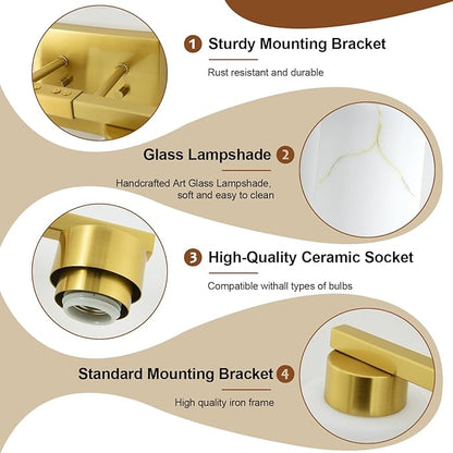 4-Light Bathroom Light Fixtures, Modern Vanity Lights, Gold Metal Wall Lamp with White Marble Glass for Bathroom, Mirror, Living Room, Bedroom, Cabinet, Porch, Hallway, E26 Base