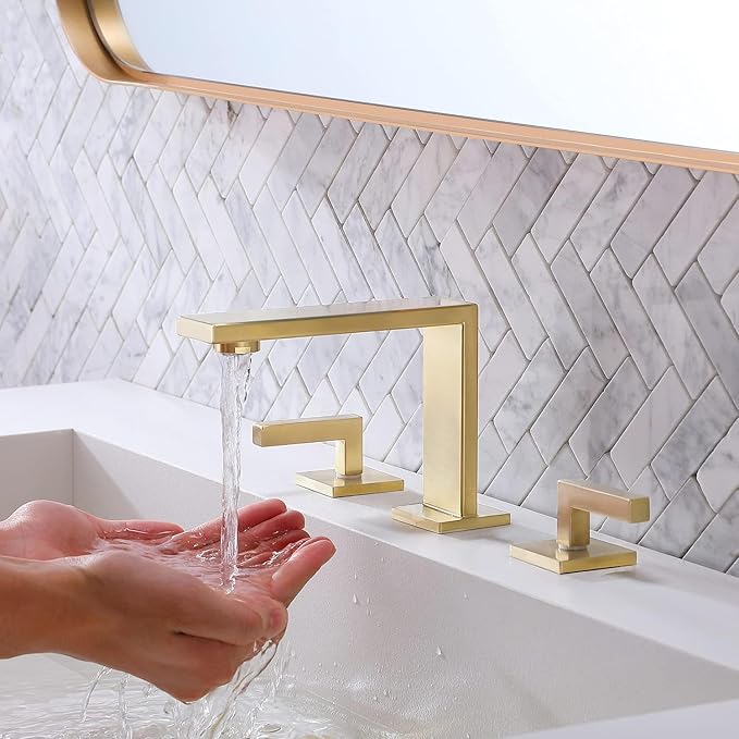 VCCUCINE Gold Bathroom Faucet, Modern Commercial 2 Handle 3 Holes Brushed Gold Widespread Bathroom Brass Lavatory Vanity Sink Faucet with Water Supply Lines,DSTVC051-2GN
