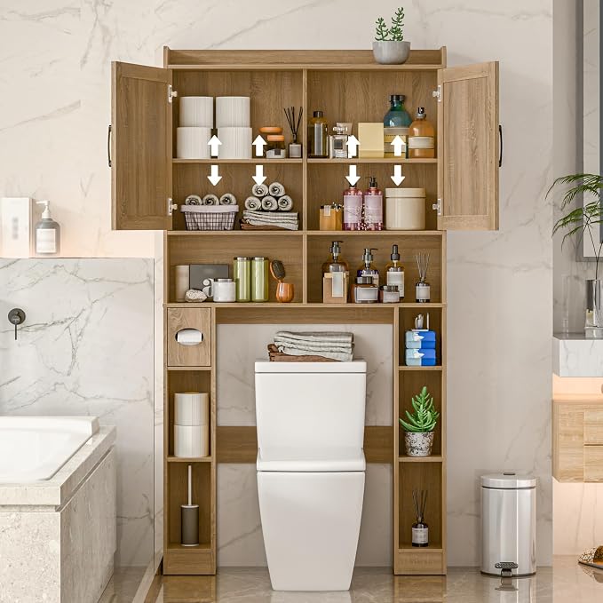 Vabches Over The Toilet Storage Cabinet with Barn Doors, Rattan Oak | Toilet Cabinet Rack, Space Saving Bathroom Organizer with Shelves, Toilet Paper Holder and Towel Rack for Bathroom,Laundry.