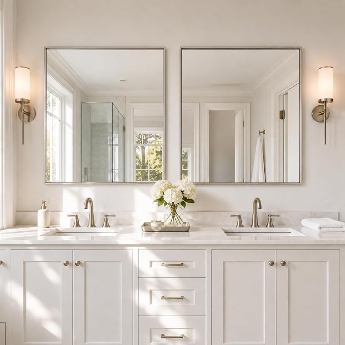 36"x36" Brushed Nickel Framed Square Bathroom Vanity Wall Mirror | Accent Wall Mirror, Square Geometric Look, Slim Metal Frame, Living Room or Entryway, Keyhole Mount, Tempered Glass
