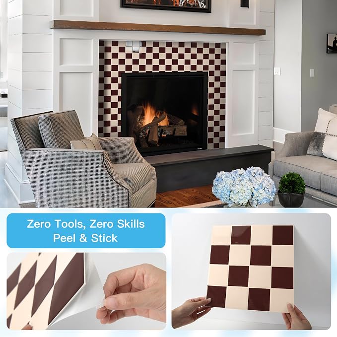 Art3d Grid Peel and Stick Backsplash, 10-Pack, Red Brown and Warm White | 12 x 12 Inch, Enhanced Thickness, Superior Adhesion, Moisture Resistant, Long-Lasting, Minimalist Look, for Kitchen Decor