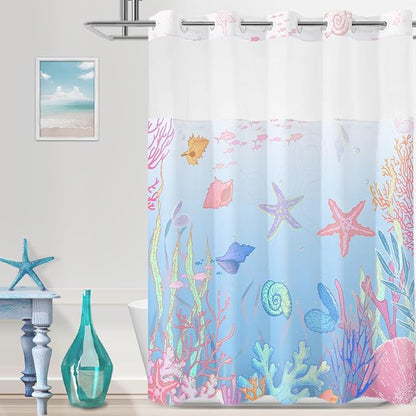 No Hook Shower Curtain and Liner Set, Blue Pink Beach Coastal 71x74 | Nautical Ocean for Bathroom, with Snap in Liner Replacement, Mesh Top Window, Waterproof, Machine Washable, Quick-Drying