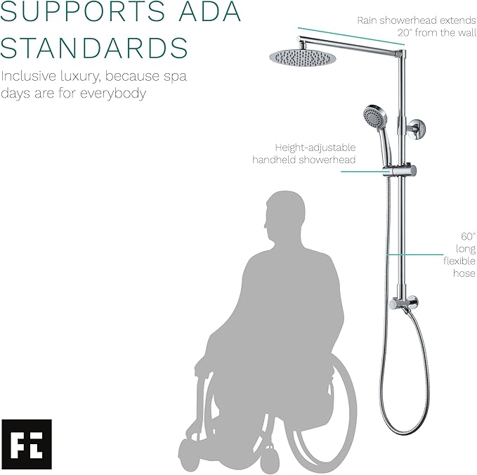 Fennocasa Polaris 3 Retrofit Rain Shower System, 3-Setting Handheld Shower Combo with Slide Bar, 8" Low Profile Shower Head (2.5 GPM Chrome)