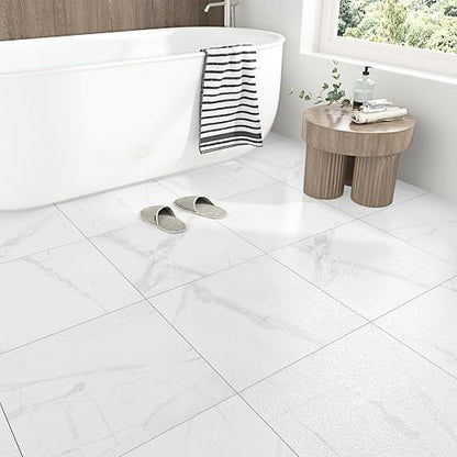 Marble White Peel and Stick Floor Tile Waterproof Vinyl Tiles Peel and Stick Floor 12" x 12" Removable Self Adhesive Flooring Tiles for Bathroom Bedroom Kitchen Flooring Living Room Gym 5 PCS