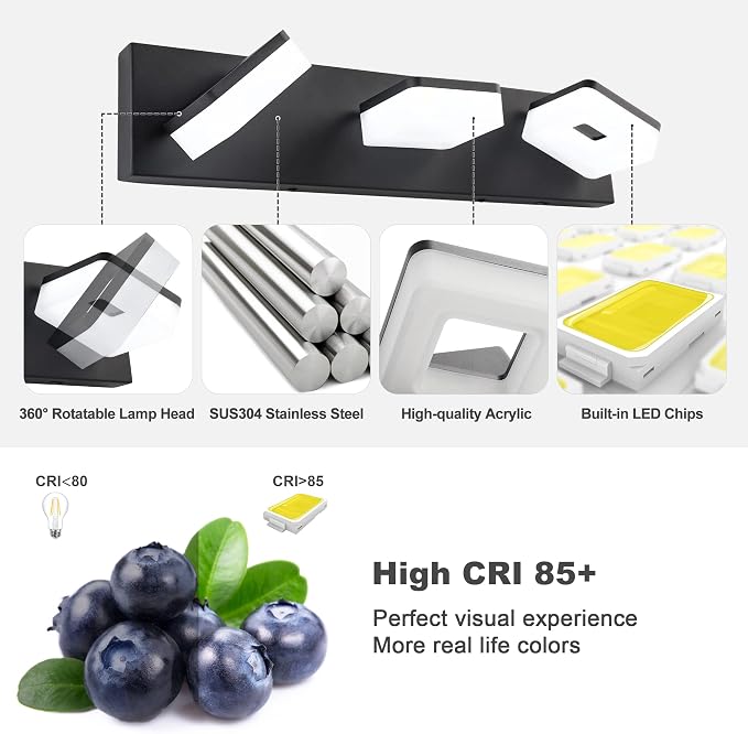 GOODATE 3 Colors Dimmable Black Bathroom Light Fixtures Over Mirror, LED Vanity Lights, Acrylic Stainless Steel 3 Light Bathroom Vanity Light Fixtures, Adjustable 3000K/4000K/6000K, 360° Rotate
