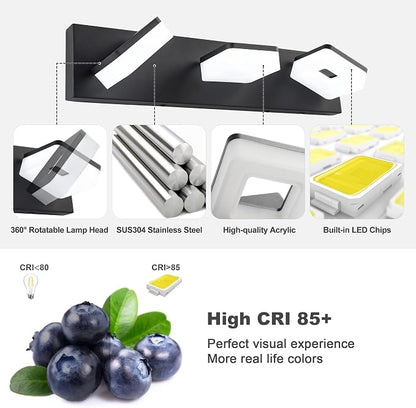 GOODATE 3 Colors Dimmable Black Bathroom Light Fixtures Over Mirror, LED Vanity Lights, Acrylic Stainless Steel 3 Light Bathroom Vanity Light Fixtures, Adjustable 3000K/4000K/6000K, 360° Rotate