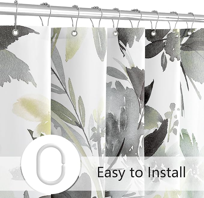 MAYZUS Grey Black Watercolor Floral Shower Curtains for Bathroom, 72x72 | Modern Abstract Flower Decorative Fabric Shower Curtain Set with Hooks, Grey Yellow
