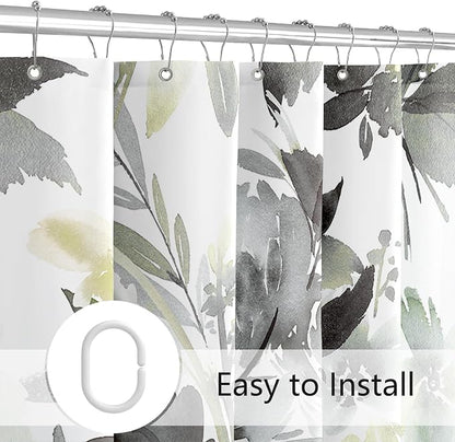 MAYZUS Grey Black Watercolor Floral Shower Curtains for Bathroom, 72x72 | Modern Abstract Flower Decorative Fabric Shower Curtain Set with Hooks, Grey Yellow