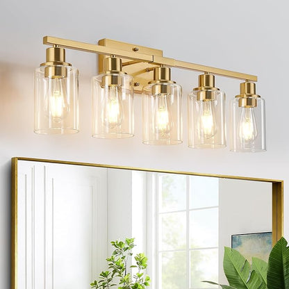 5-Light Bathroom Light Fixtures, Vanity Light with Clear Glass Shades, Brushed Gold Bathroom Light Fixtures Over Mirror, Modern Bathroom Wall Lamp for Mirror Living Room Cabinet Bedroom