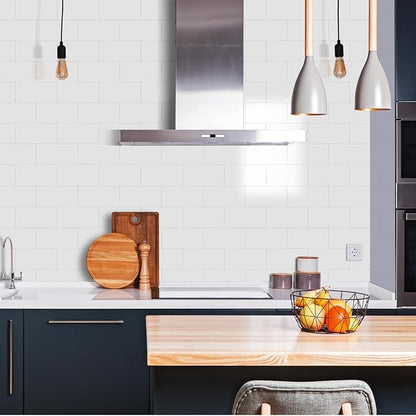 12-Piece Glossy Pure White Peel and Stick Backsplash Tile, 12''x12'' PVC Subway Tile Stick on Backsplash for Kitchen/Bathroom/Fireplace